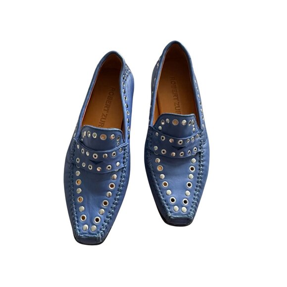 ROBERT ZUR Blue Leather Silver Studded Flats Loafers Size 5.5 - Picture 7 of 7